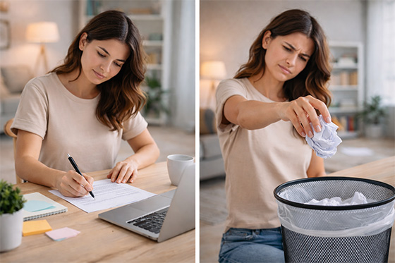 Mladá žena naštvaně vyhazuje pokažený životopis