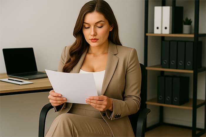 Žena sedí na židli a čte motivační dopis