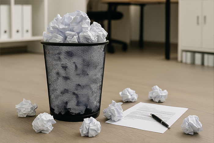 Odpadkový koš plný chybně napsaných motivačních dopisů