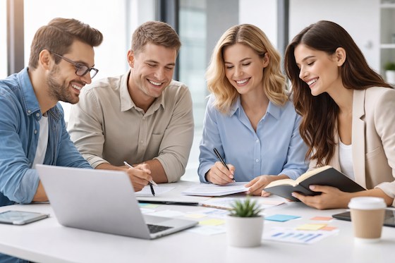 Mladí zaměstnanci firmy spolupracují na projektu