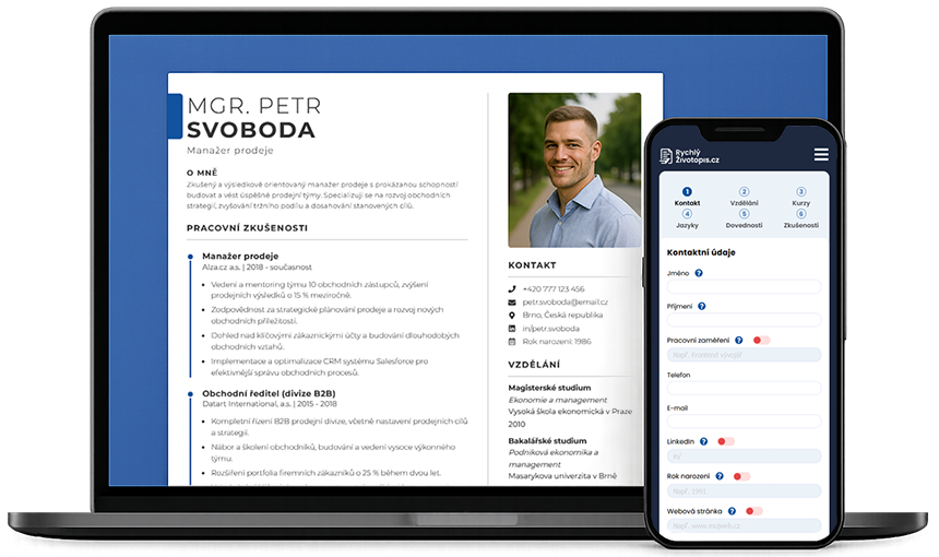 Obrázek notebooku a mobilu se zobrazeným životopisem